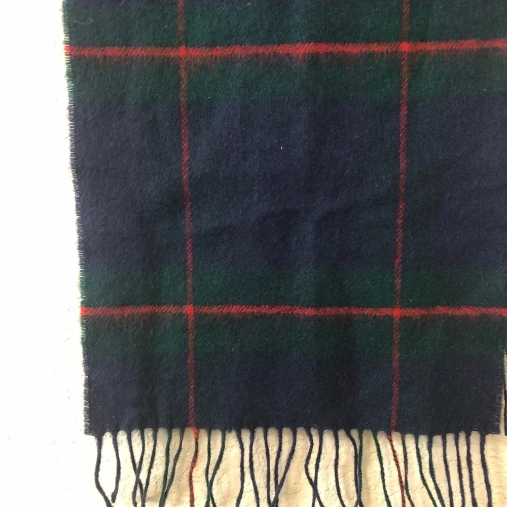 Johnston's of Elgin Scotland Lambswool Blue, Green & Red Plaid Fringe Scarf